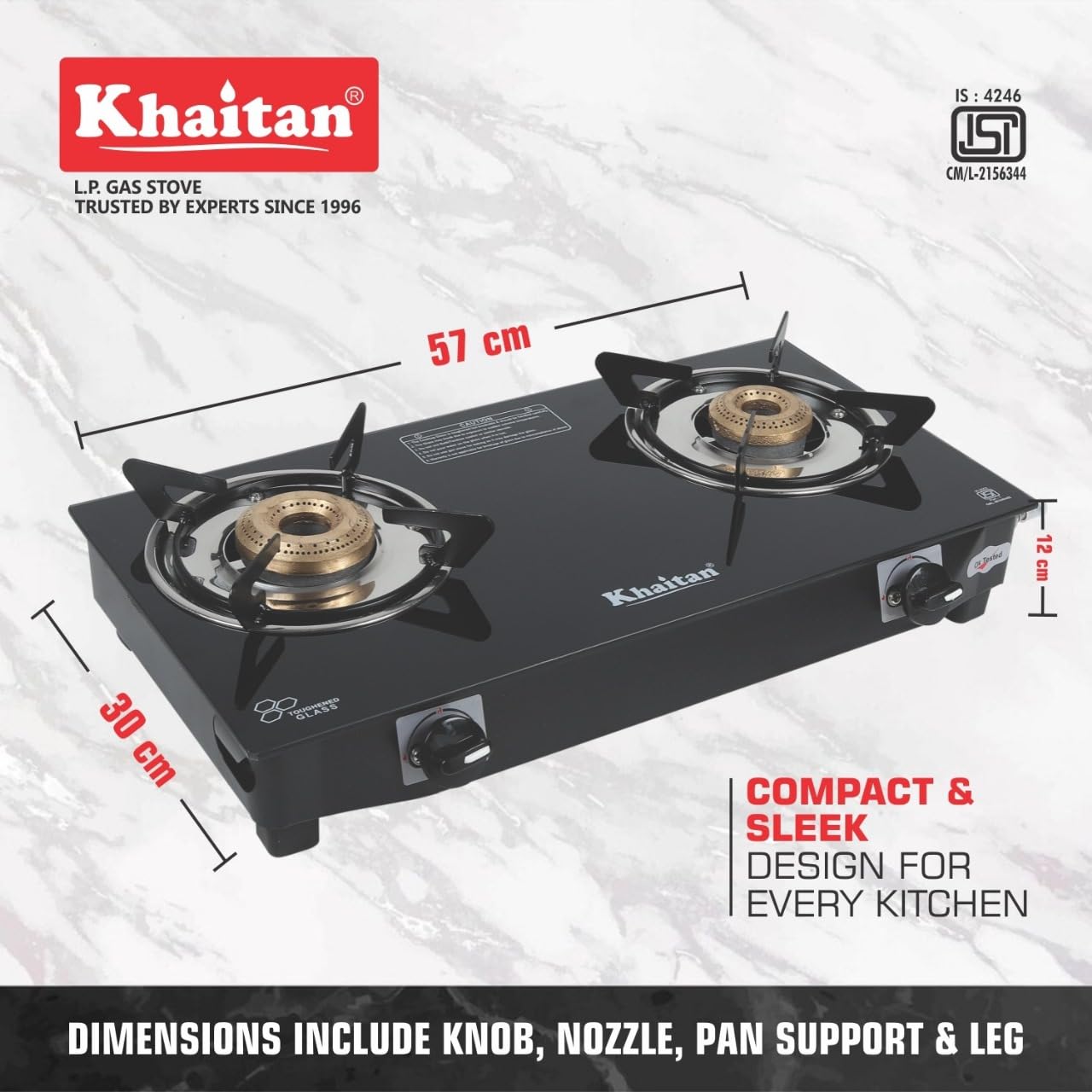 Khaitan 2 Burner Nano Glass Gas Stove | ISI Approved, Brass Plated Burners for Small Kitchens