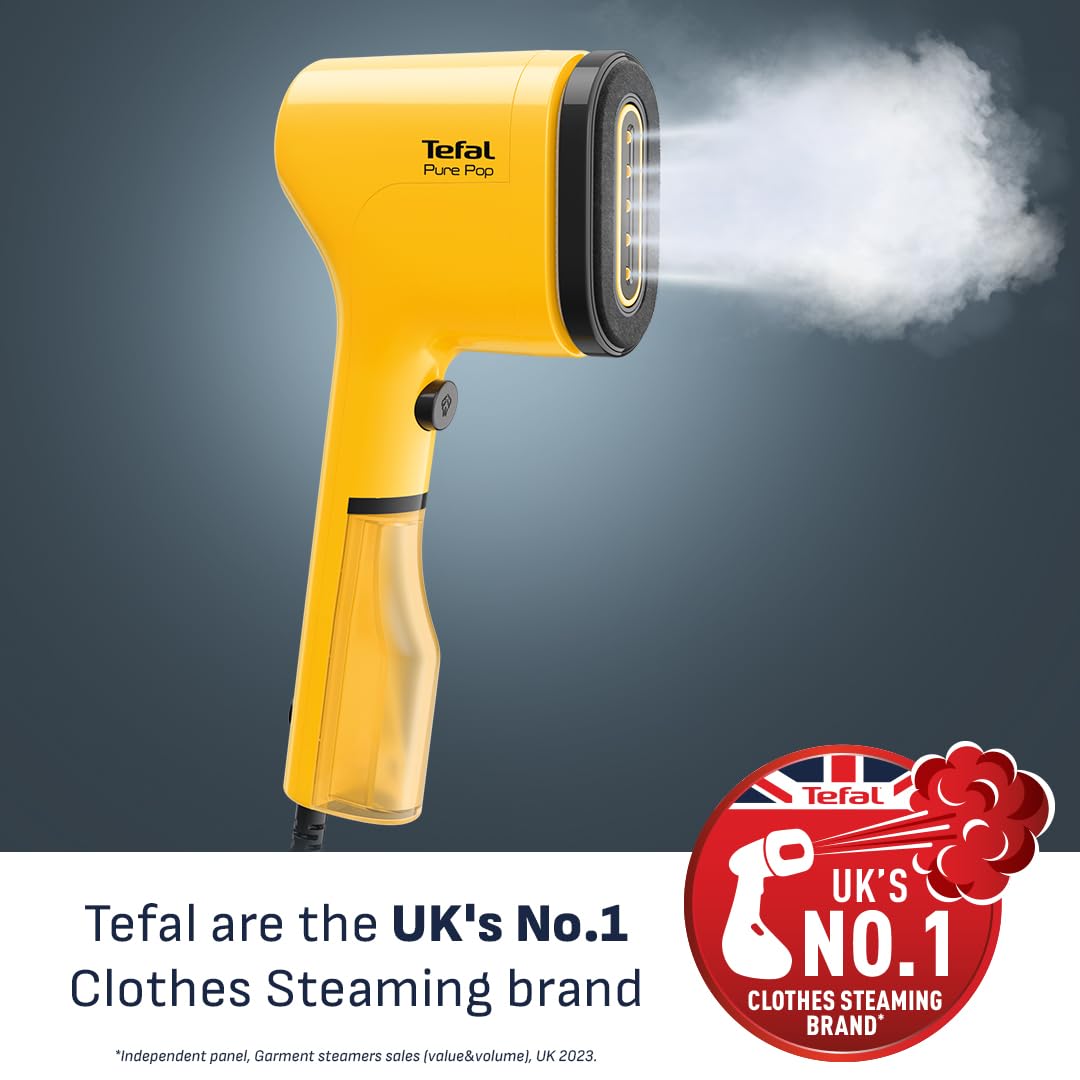 Tefal Pure Pop Slim Handheld Clothes Steamer, No Ironing Board Needed, Ready to Use in 15 Seconds, 70ml Detachable Water Tank, Travel Iron, Garment Steamer, Yellow, DT2026 — view 2