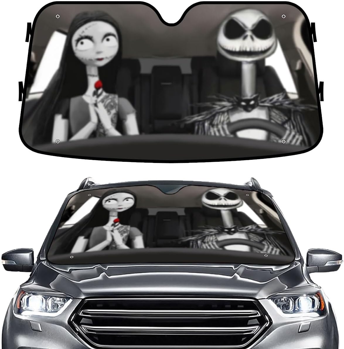 GENANY Nightmare Skellington Couple Horror Windshield Sun Shade for Car SUV Truck (55x30 inches), Sun Shade Windshield, Protector Blocks UV, Auto Gifts, Car Decor