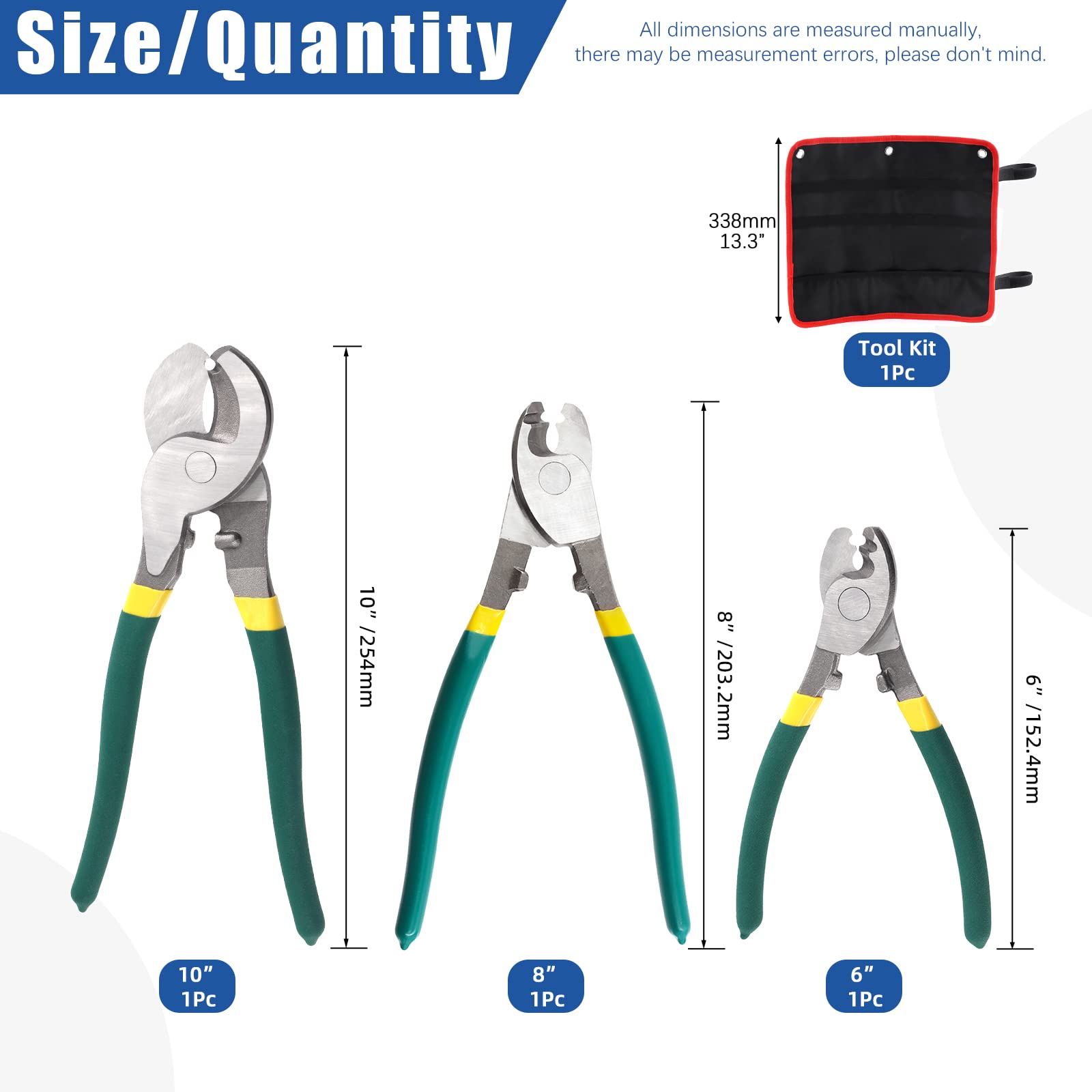 Glarks Lot de 3 coupe-câbles de 15.2 cm, 20.3 cm, 25.4 cm à haut effet de levier,Outil de coupe de câble tranchant avec prise en main confortable pour aluminium, fil audio, câble de frein de vélo