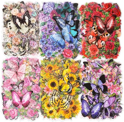 300 Pièces Autocollants Papillons Stickers Fleurs, Étanche Papillon Autocollant Fleur Autocollant Scrapbooking Transparent Autocollant Fleurs et Papillon...