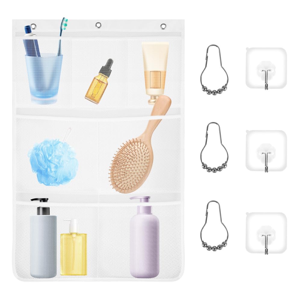 DONGKER Shower Organizer 7 Pockets Hanging Shower Caddy Quick Drying with 3 Adhesive Hooks 3 Gourd Hangers for