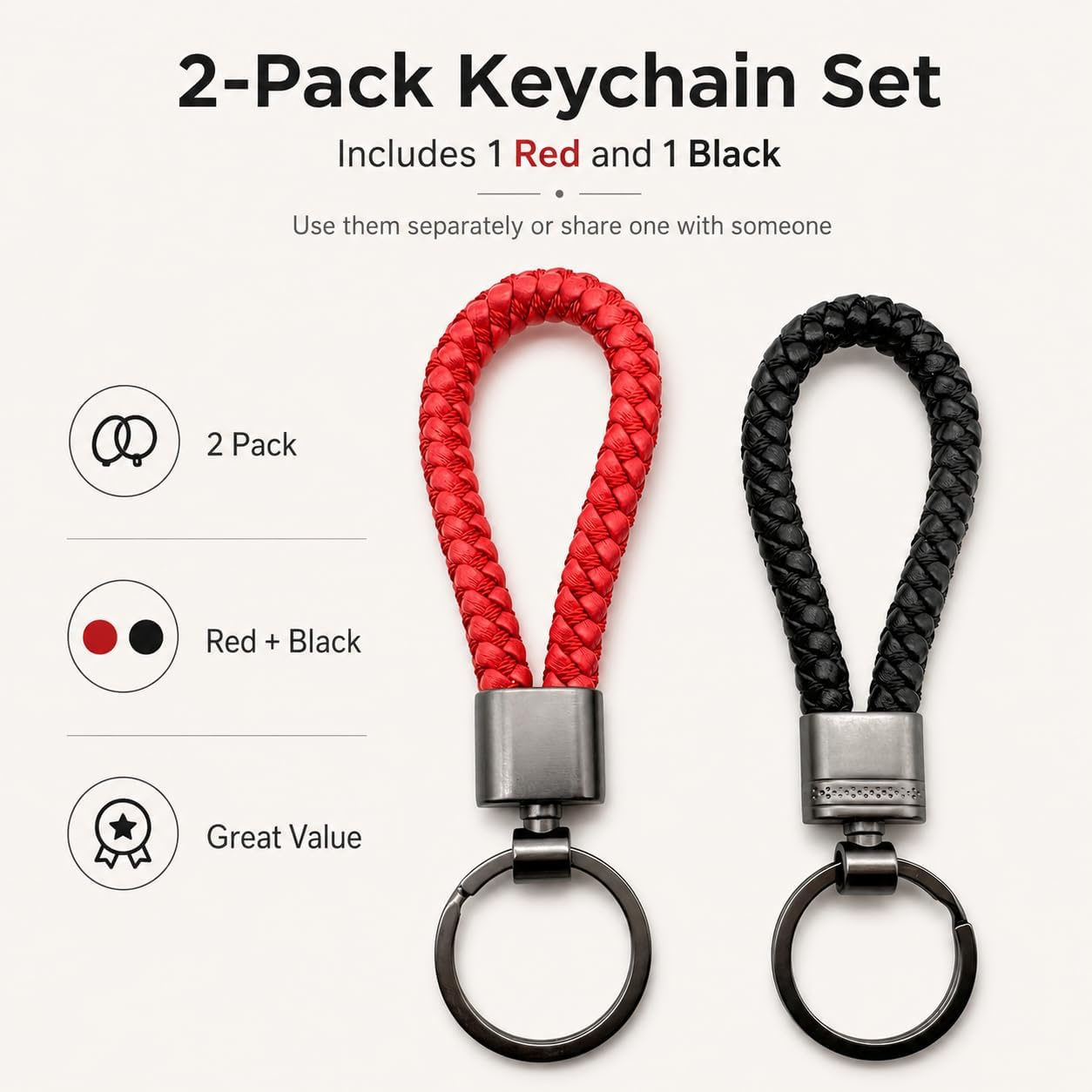 2 Pack Braided Leather Keychain, Handwoven Rope Strap Keychain for Women Men, Leather Keychains for Car Keys