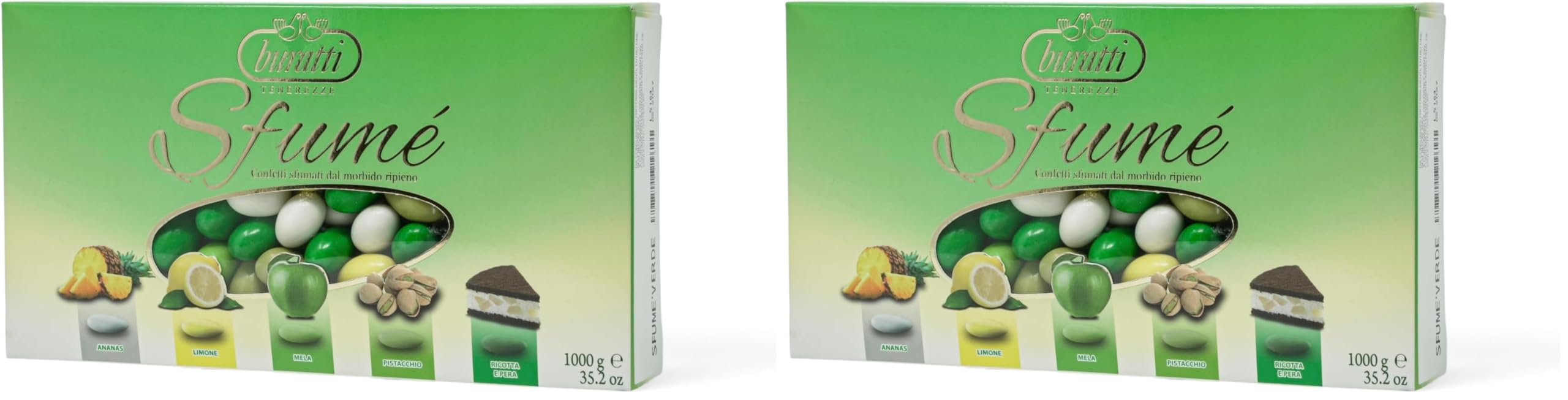 Buratti Confetti con Mandorle Tostate Ricoperte di Cioccolato, Bianco ai Molteplici Gusti, Tenerezze Sfumè Verde - 1000 g (Confezione da 2)