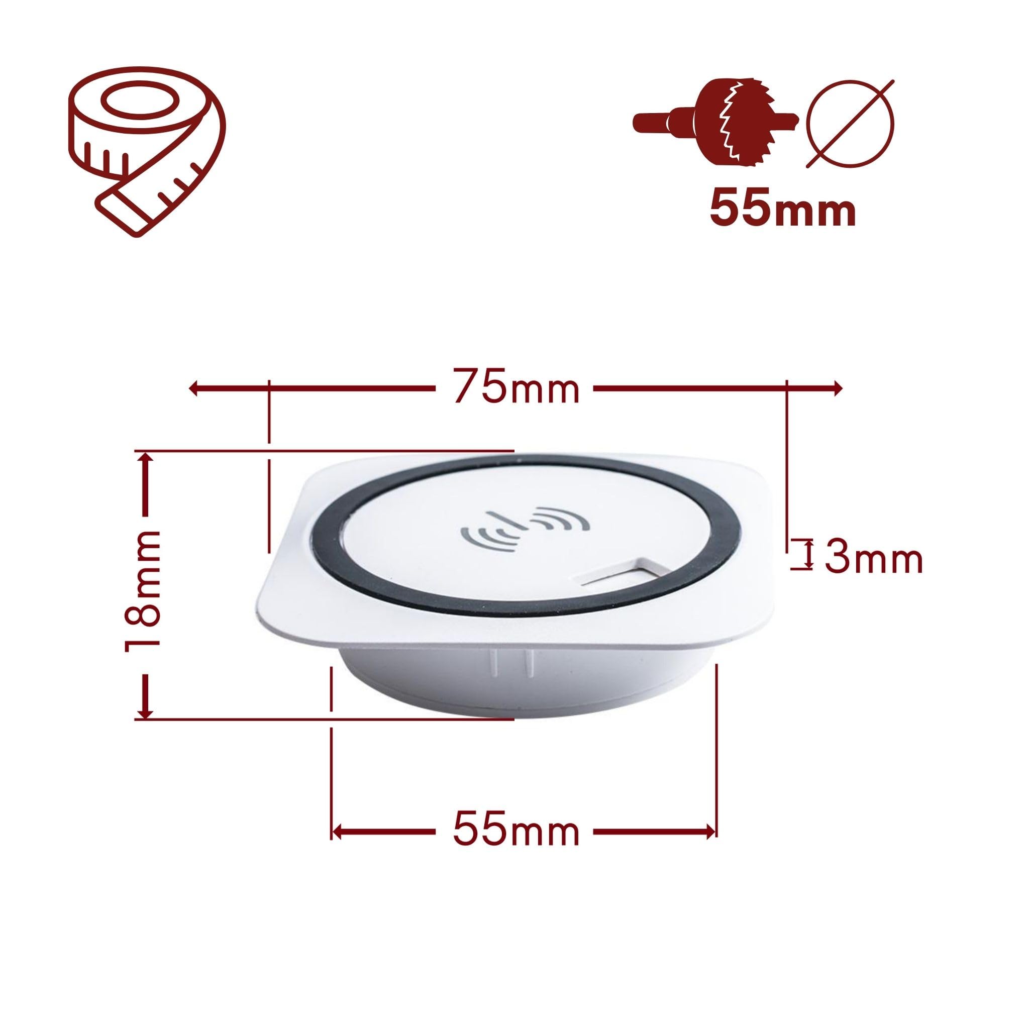 Kalb | QI szybka ładowarka do zabudowy 15 W biała 7,5 cm Ø - Smart Wireless USB Charger, port USB, port USB-C