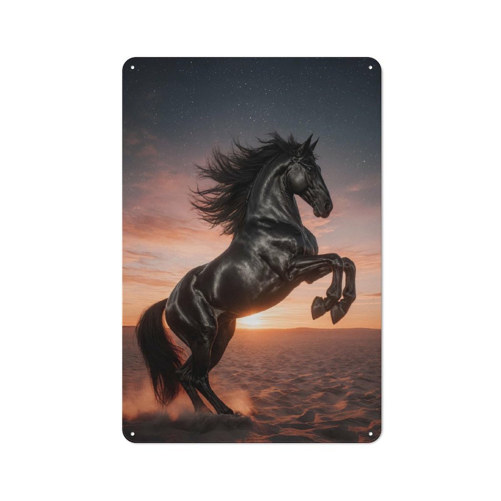 Junmoney Style-12 Metal Plaque With Majestic Black Horse Rearing At Sunset Design 30X20cm, Vintage Bistro Wall Plaque For Coffee Bar, Kitchen, Bistro Or Tea Corner