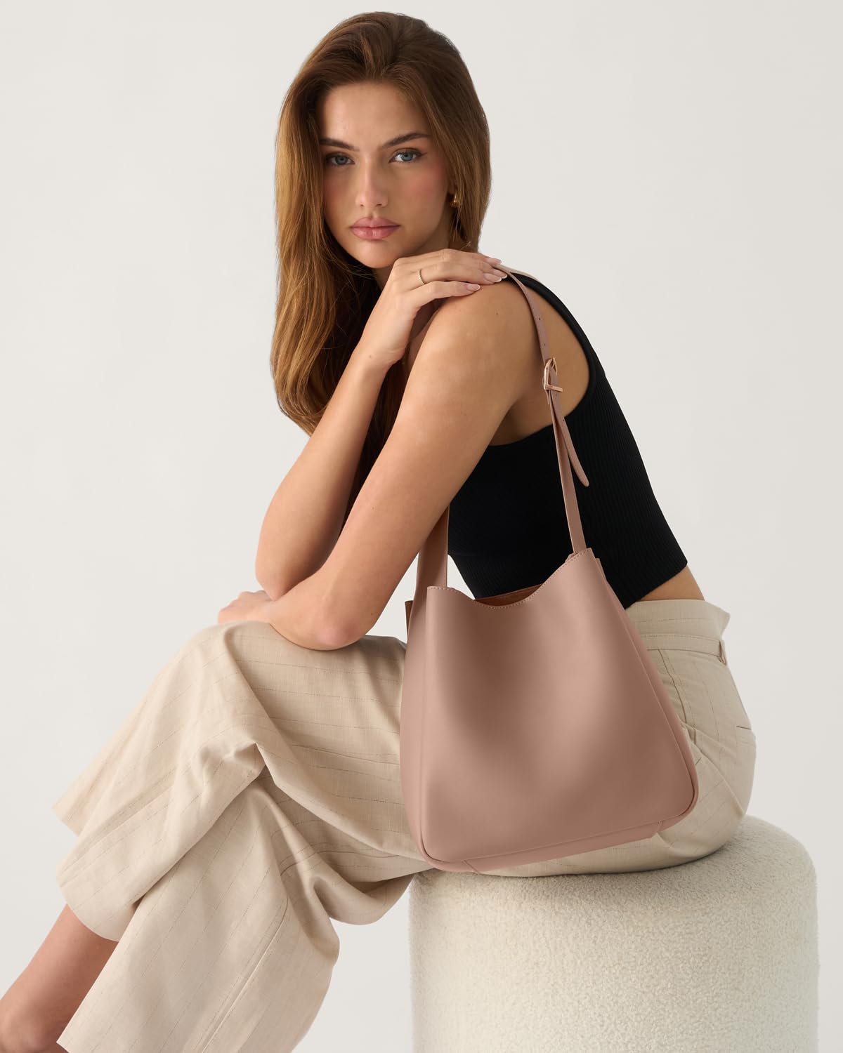 Hobo bags for Women - Slouchy Bags for Women - Soft Bucket Bags - Medium Shoulder Tote Purse Hanbag - Vegan PU Leather - Nude