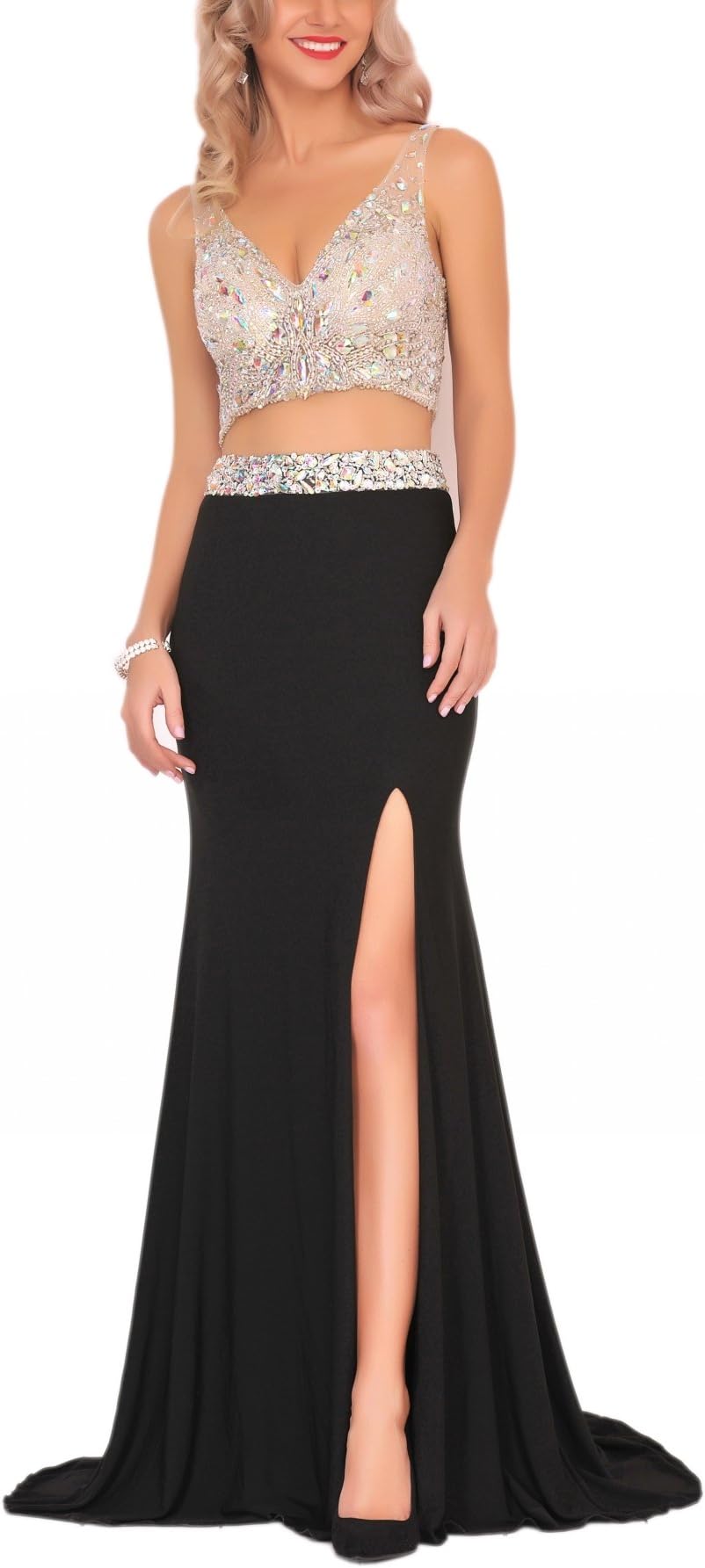 Miss Chics Women Prom Dresses Long Formal Evening Gown Side Slit Two Piece Black