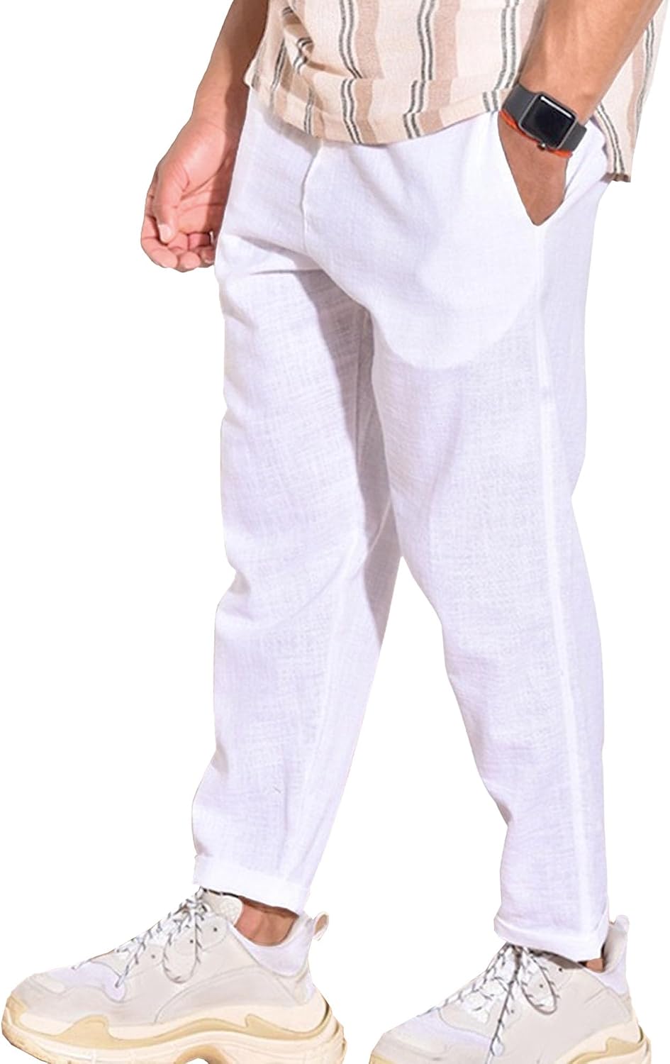 Men's Solid Cotton Linen Basic Pants Loose Fit Classic Beach Trousers Elastic Waist Lightweight Summer Pants