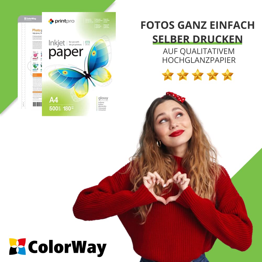 Papier fotograficzny PrintPro firmy COLORWAY o wysokim połysku, format A4, 180 g/m², 500 arkuszy, szybkoschnący, wodoodporny, do wszystkich drukarek atramentowych