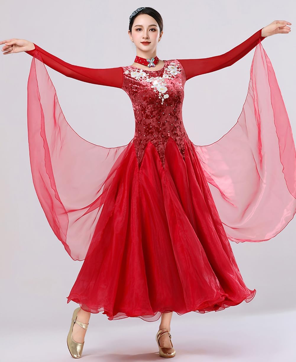 RIKOUZY] 社交ダンスドレス クラシカル花柄 スリム 社交ダンス練習着