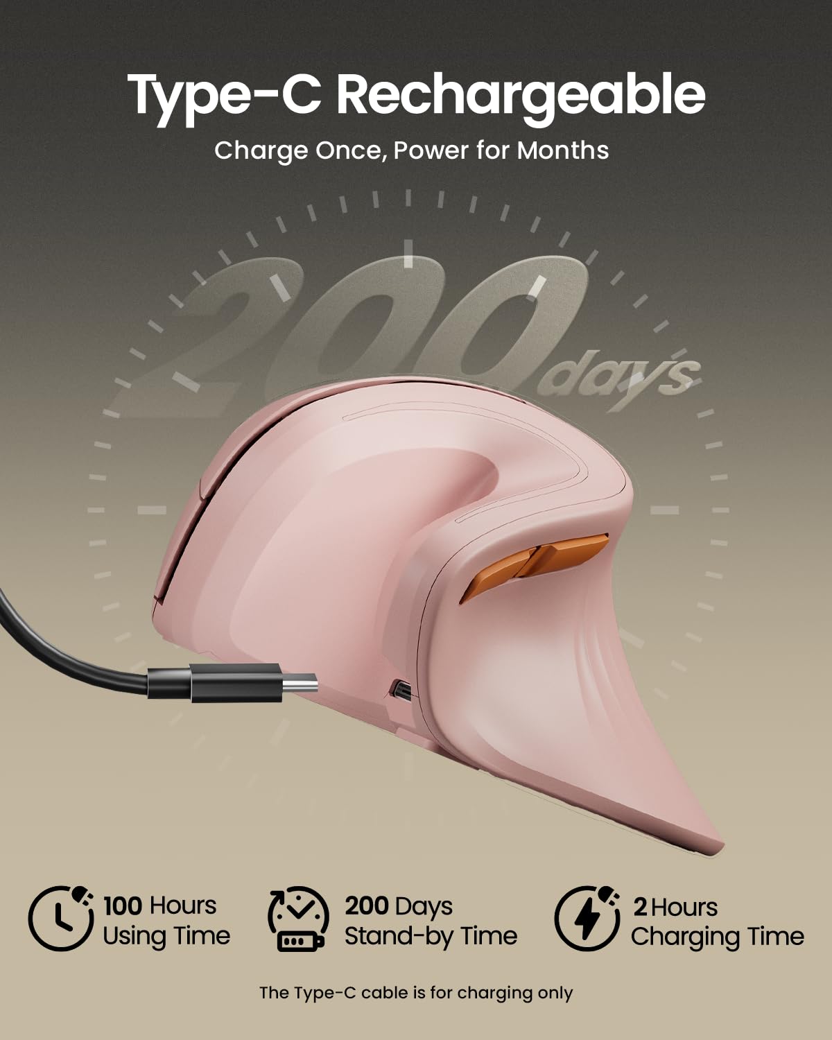 ProtoArc Ergonomic Vertical Mouse, EM11 NL Rechargeable Wireless Mouse Bluetooth, Ergo Mice with 3 Multi-Device for PC/Notebook/Laptop, 2.4GHz Optical Mice for Windows, Mac OS, Pink