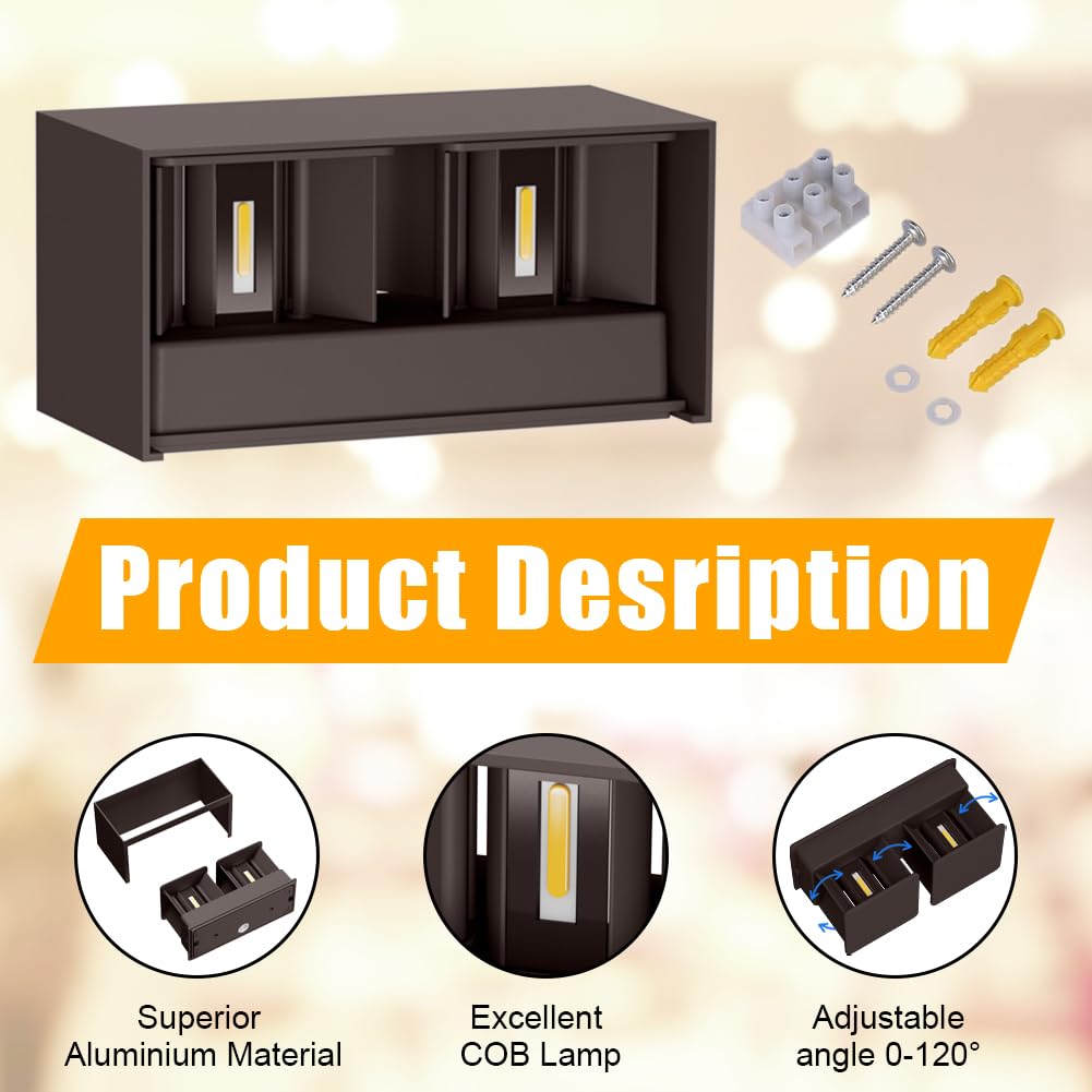 Klighten lampade da parete 24W Esterno/Interno Moderno,Lampada da esterno Bianco Caldo 3000K Applique da Parete, IP65 Impermeabile, Angolo del Fascio Regolabile Applique,Rosso Ruggine