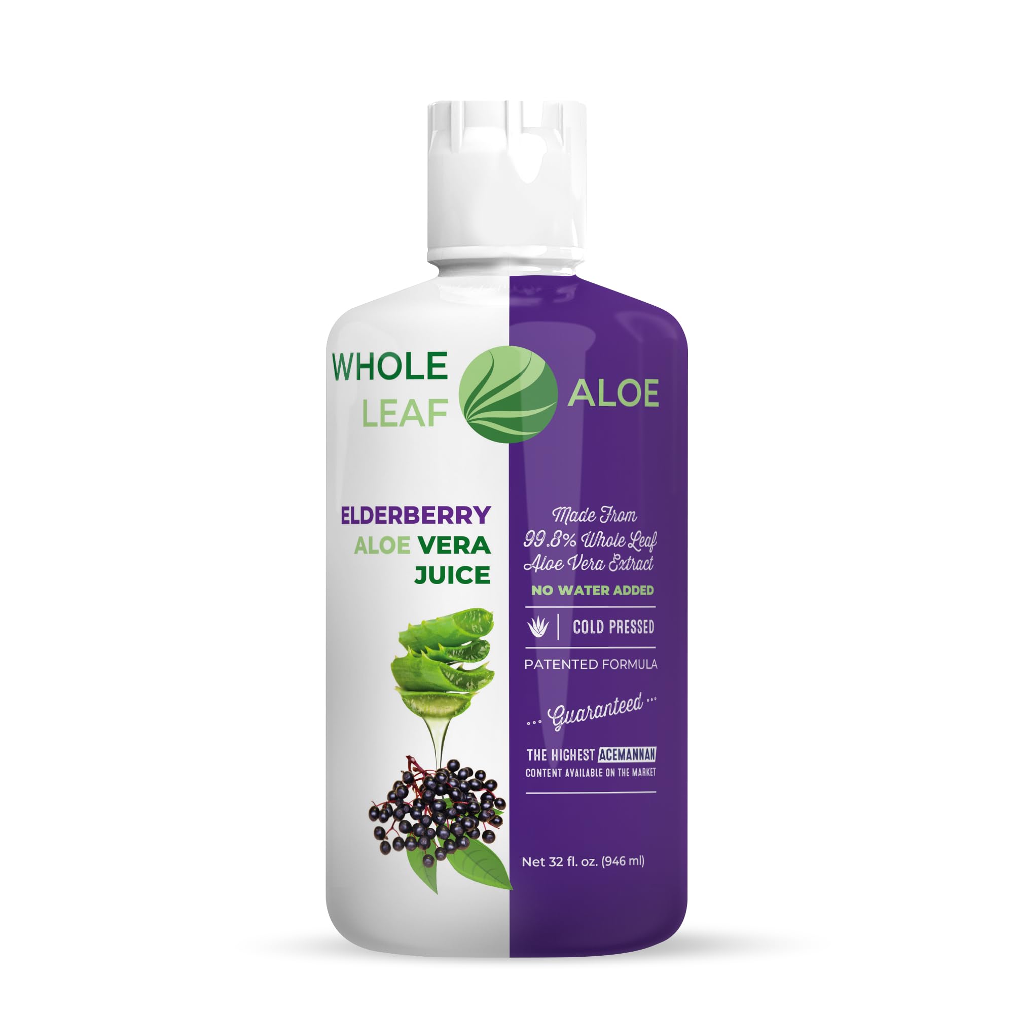 Whole Leaf Aloe Vera Juice with Organic Elderberry Extract – Patented Formula, High Acemannan Content, and NO Water Added!
