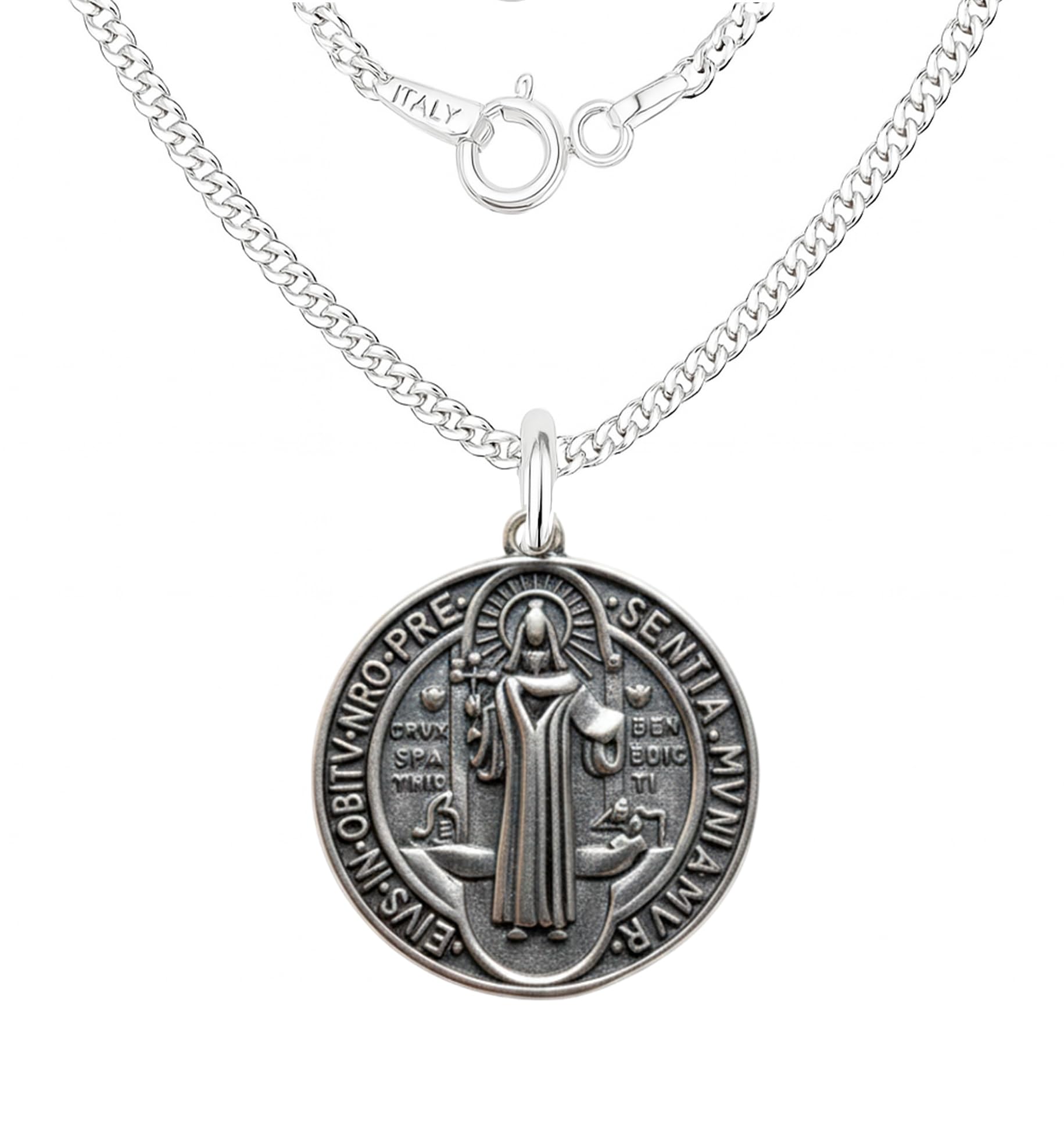 Only faith Naszyjnik z medalem św. Benedykta ze srebra próby 925, naszyjnik 45 cm, medal 1,5 cm 2 cm, dwustronny z krzyżem mocy