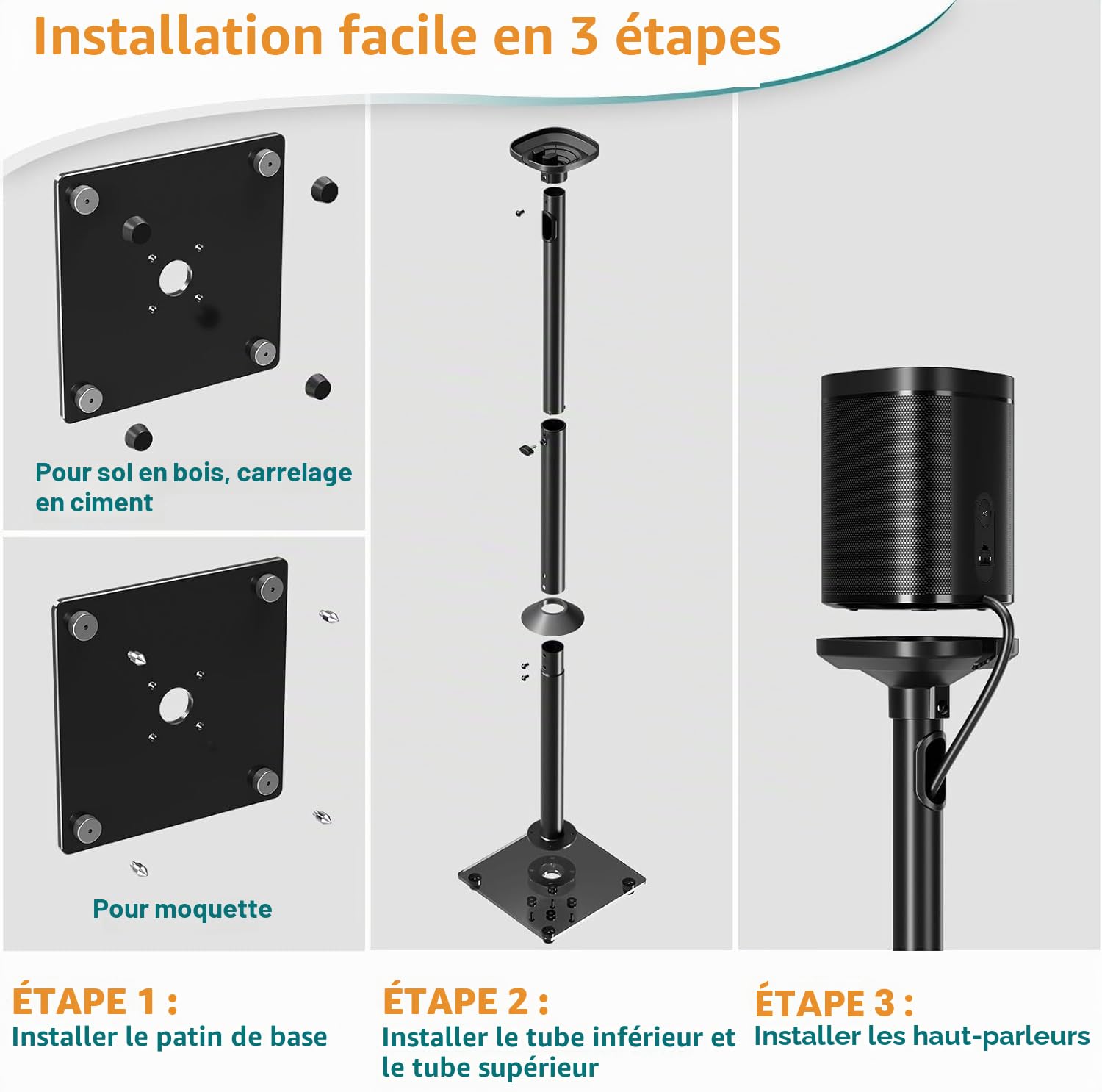Elived Paire de Supports pour Enceintes Sonos ERA100, Sonos One, One SL, Play:1, Hauteur réglable jusqu'à 1103 mm, Support sur Pied avec Gestion des câbles, Charge maximale de 5 kg, EV5024