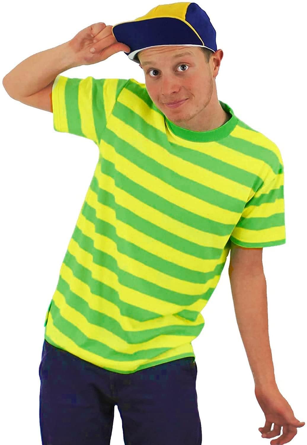 Mens Yellow & Green Stripe T-Shirt - XX-Large - Nostalgic Fresh Top Neon Shirt Bel-Air Prince Style Tee Retro Character