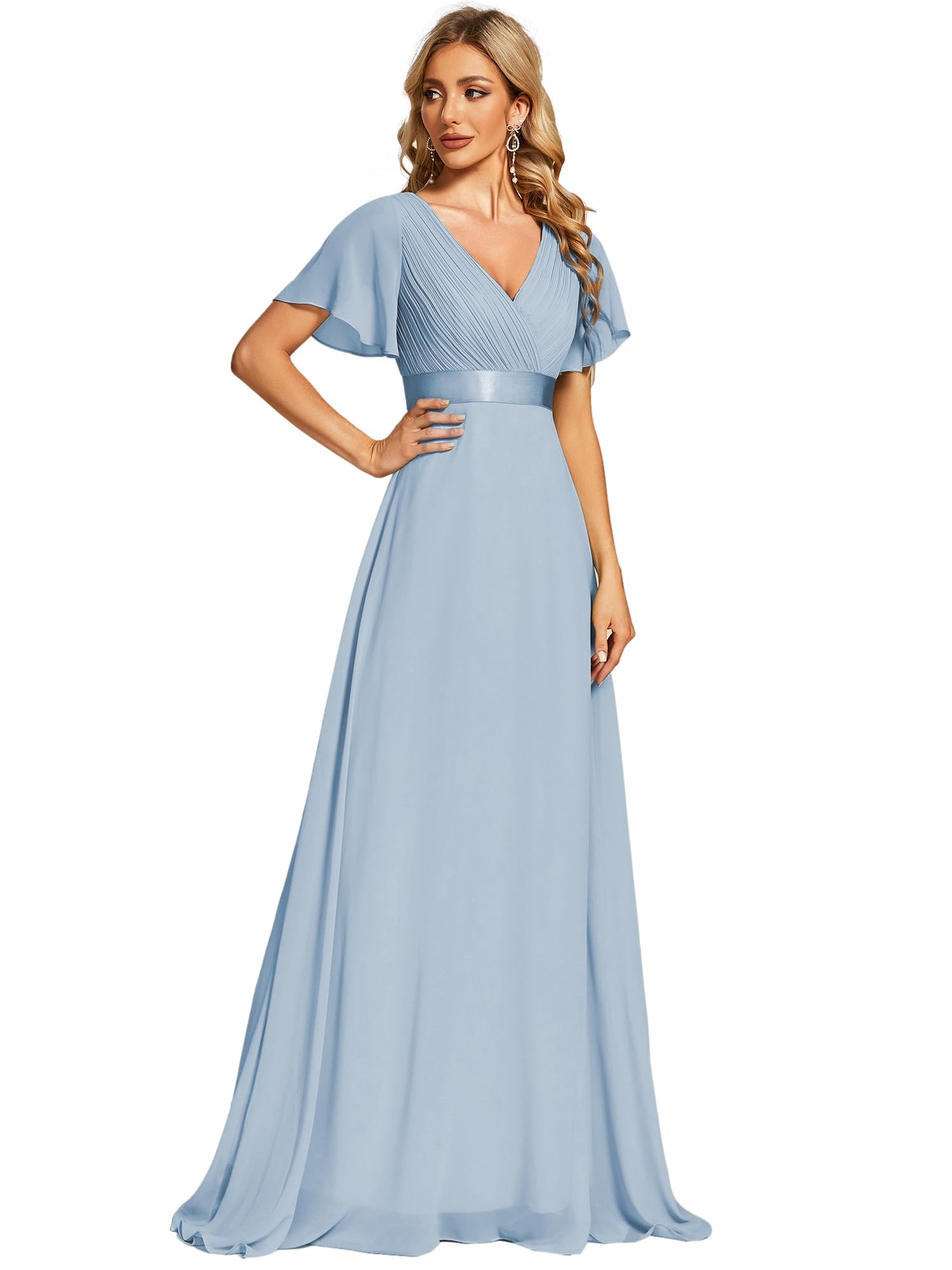 Ever-Pretty Women's Classic Chiffon Short Sleeve Pleated V-Neck Floor Length Bridesmaid Dresses 09890