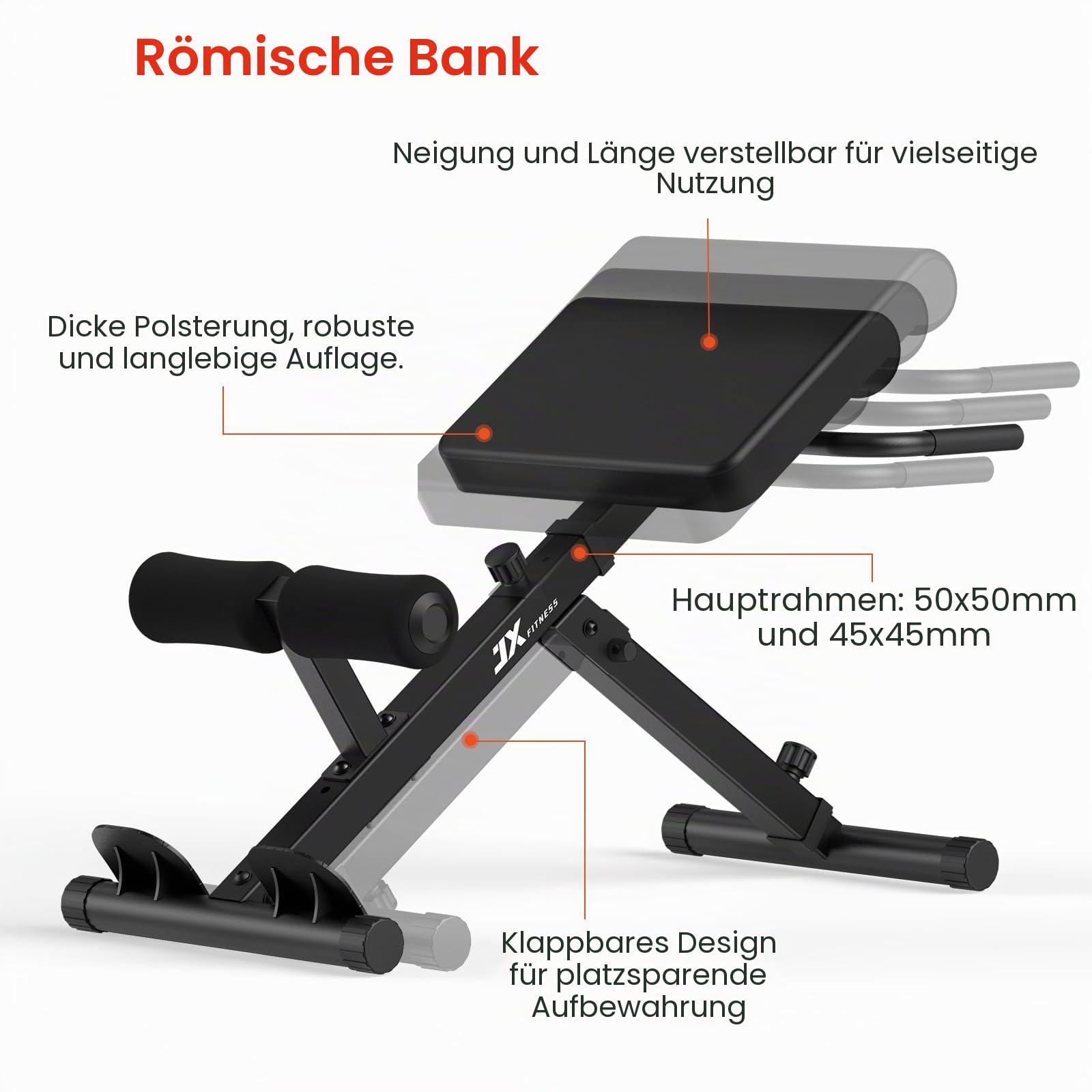 JX FITNESS Hyperextension Bank, Verstellbare Rückentrainer Bank, Faltbar, Römischer Stuhl für Rücken- und Bauchmuskeltraining, Schwarz