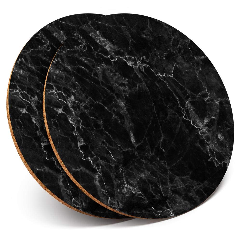 2 x Round Coasters - Black Marble Effect Art Rock - Cork Backed Home Kitchen Accessory Tea Coffee Mug Mat #44319
