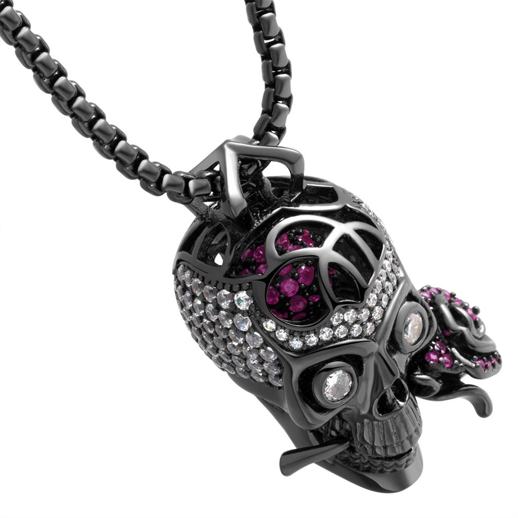 KarseerFaithful Love Rose Skull Pendant Necklace with Crystal Brain Hidden Inside, Unisex, 24"