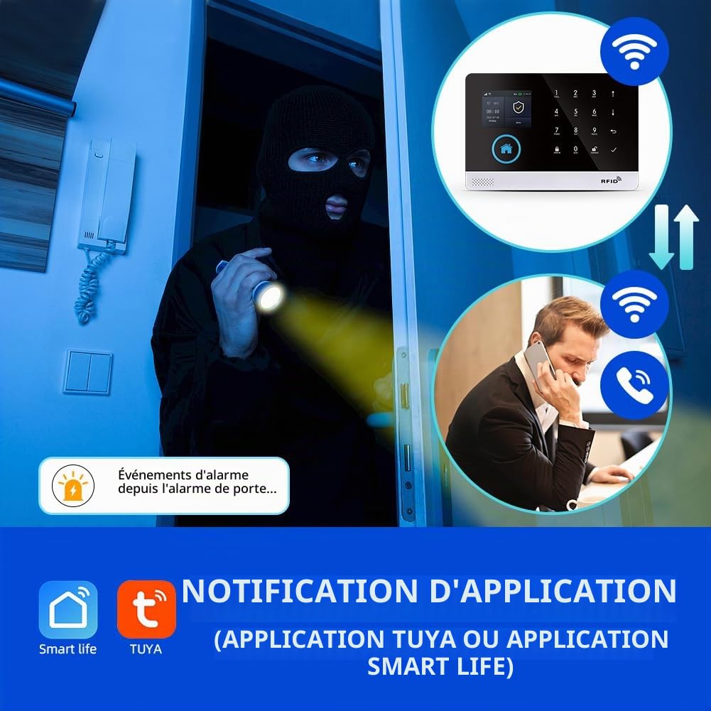 XNY Alarme Maison sans Fil Intelligent WiFi/GSM, Système Alarme Maison avec APP, 16 Pièces: Détecteur de Mouvement, Capteurs de Porte et Fenêtre, Télécommandes, Sirène, Compatible avec Alexa