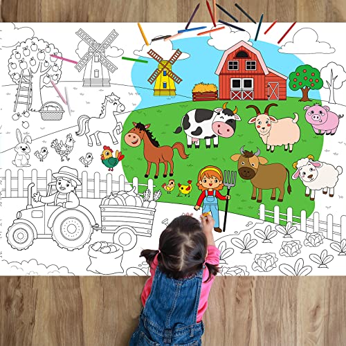 Farm Giant Coloring Poster for Kids Large Coloring Tablecloth Animals Drawing Roll Paper Books Sheets Page Huge Table Cover Art Crafts for Wall Classroom Home Gift Birthday Party Supplies Decoration