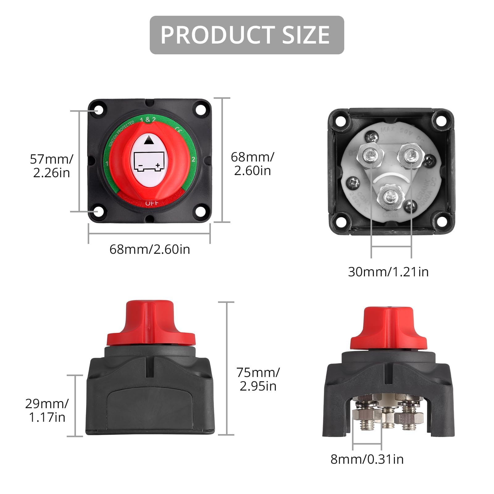 Justech Disconnettore Batteria Auto 12V/24V/48V 200A 1-2-Both-Off Interruttore Batteria Interruttore di Emergenza per Auto, Veicoli, Camper, Roulotte, Barca (On/Off) Impermeabile