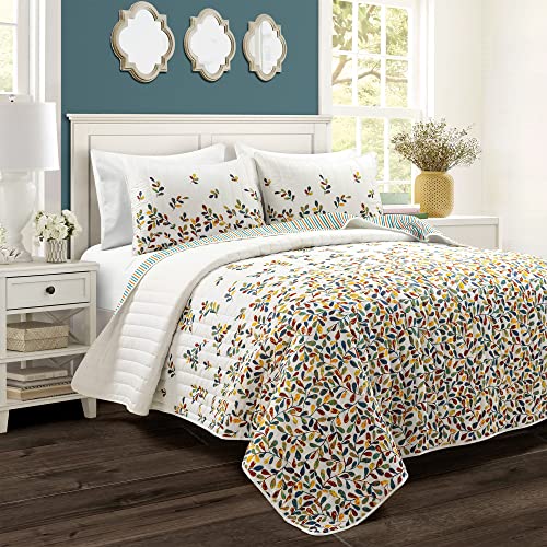 Lush Decor Boho Botanical Leaf Reversible Quilt Queen Size 3 Piece Set Full/Queen Turquoise & Tangerine - Botanical Bedding Set Queen Quilt Fall Decor