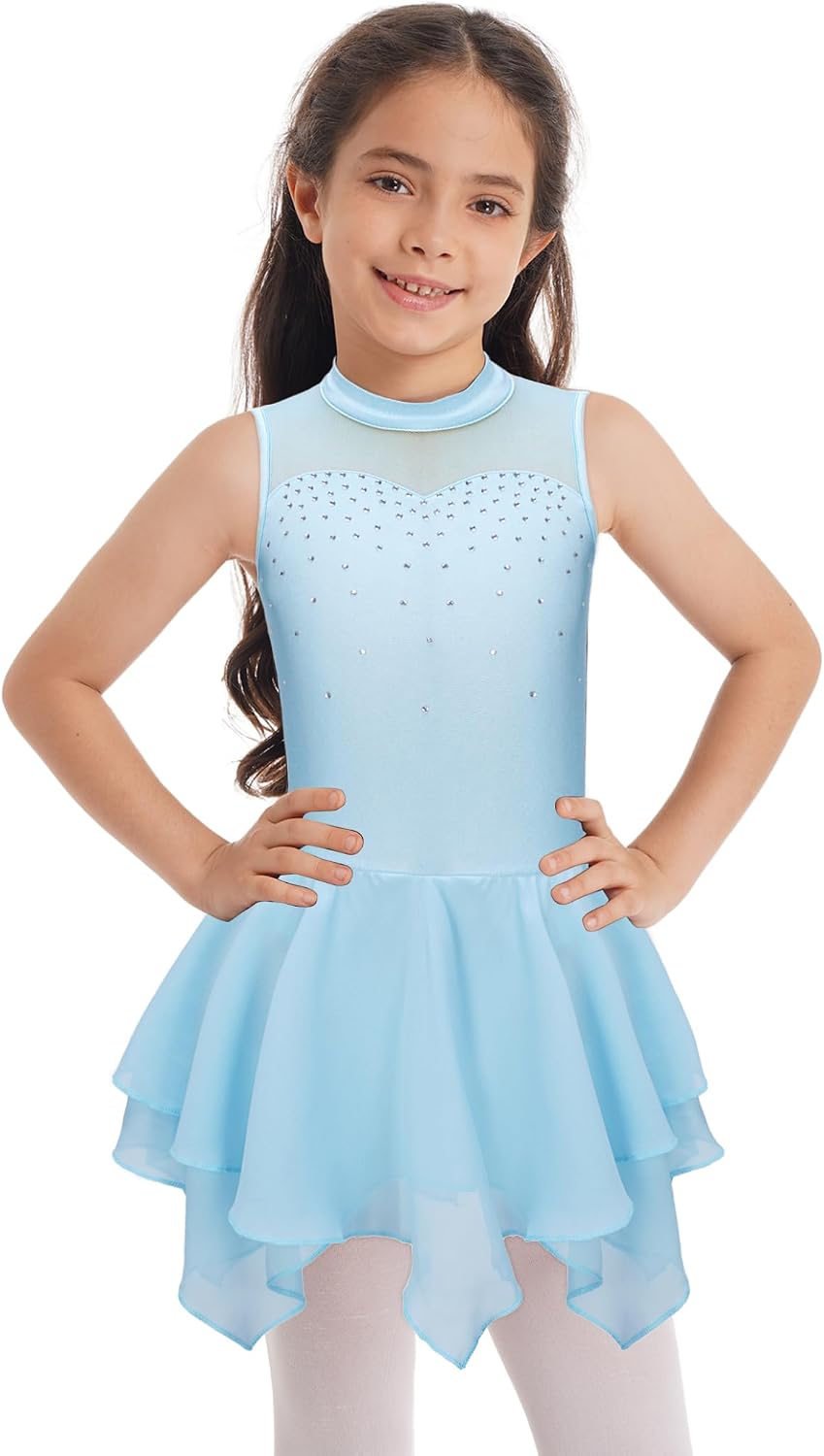 Shinsto Kids Girls Figure Skating Dress Rhinestones Sleeveless Mock Neck Asymmetrical Hem Lyrical Dance Dress