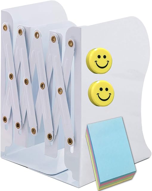 Qualsen Book Ends Bookends Metal Book Holder for Desk Iron Adjustable Book Stands Book End Bookend Heavy Duty Non-Skid, Book Stopper Book Holders for Home Office School Library (White, Medium)