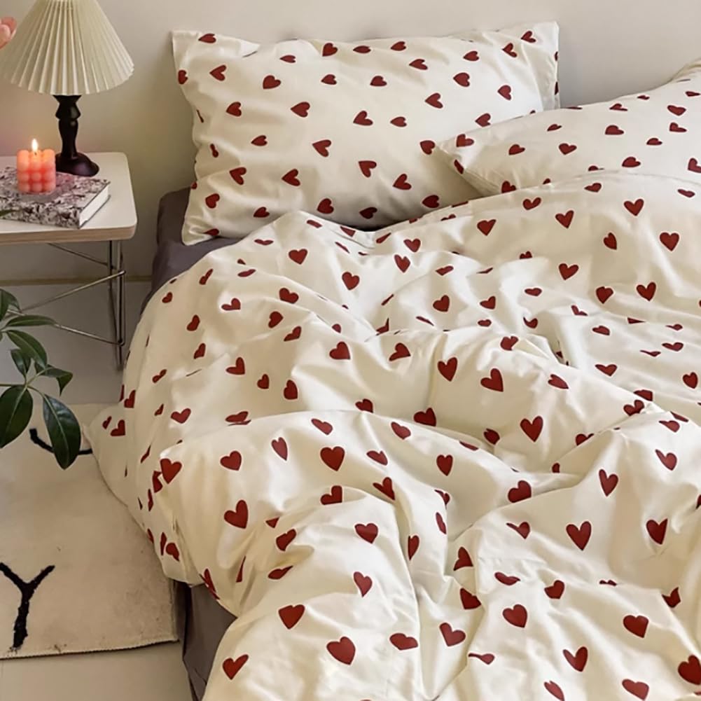 Double Duvet Cover Set Kids Girls Heart Print Bedding Set with Pillow Case Breathable & Soft Microfiber Red Love Heart Quilt Cover Zipper Closure