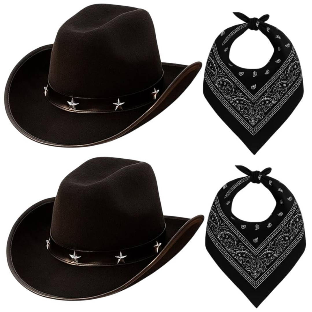 4 Pack Cowboy Dress-Up Set – Black Star-Studded Cowboy Hats X2 with 2X Black Bandanas – Western Fancy Dress for Hen Parties, Stag Dos, Halloween & Themed Events Cowgirl Outfit