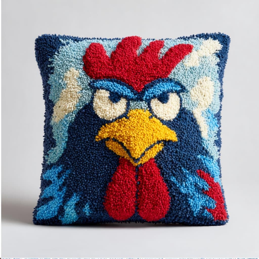 Taxpy Latch Hook Cushion Kits Rooster Pillowcase Kits Embroidery Kit 17X17 Inch DIY Needlework Pillow Cover Sofa Cushion Rug Making