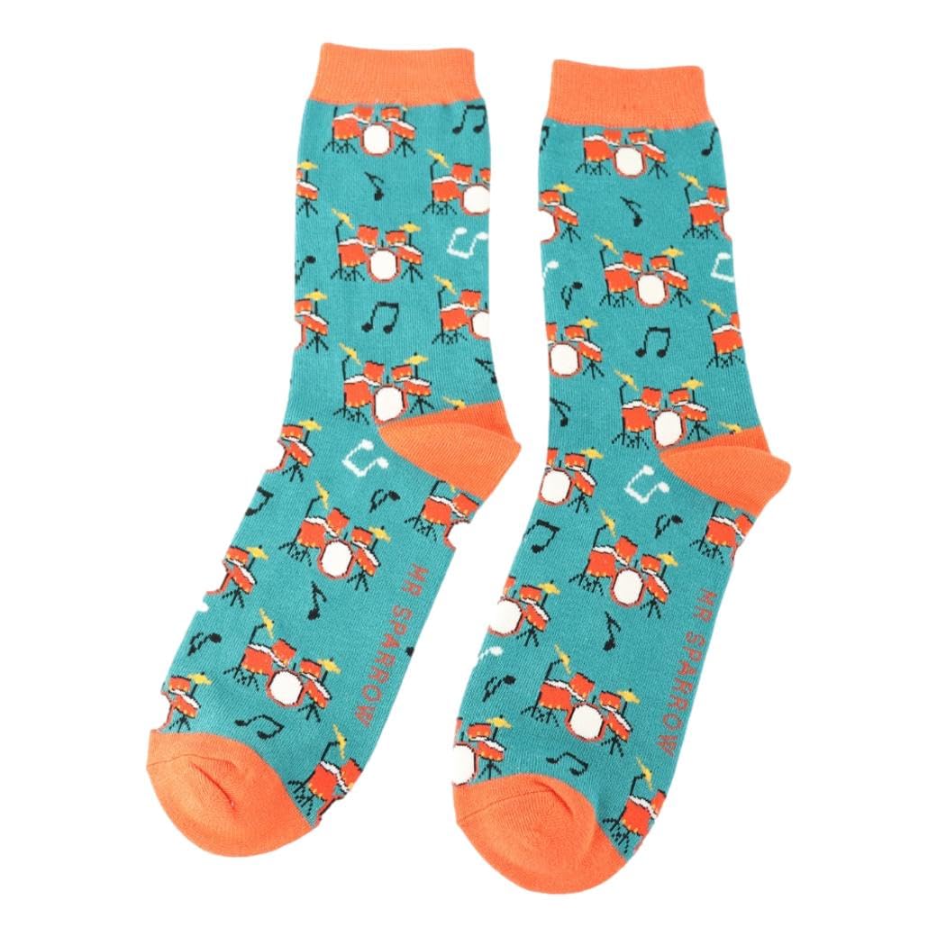 Mr Sparrow Drum Kits on Teal Green Mens Novelty Ankle Socks Adult One Size