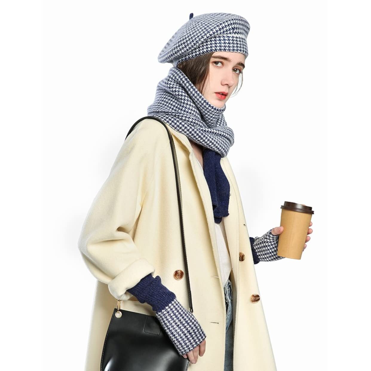 Dajingkj Baskenmütze für Damen, 3-teiliges Hut, Schal, Handschuhe, Set, Mädchen, Mode, fingerlose Handschuhe, Baumwolle, Winter-Geschenk-Set, marineblau, One size