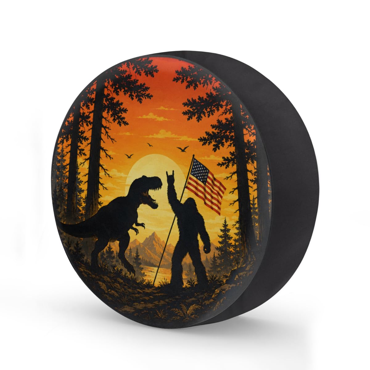 Bigfoot Dinosaur American Flag Spare Tire Cover Wheel Covers Protectors Waterproof Dust-Proof Universal Fit Trailer, RV, SUV and Many Vehicle 15 Inch,C-08