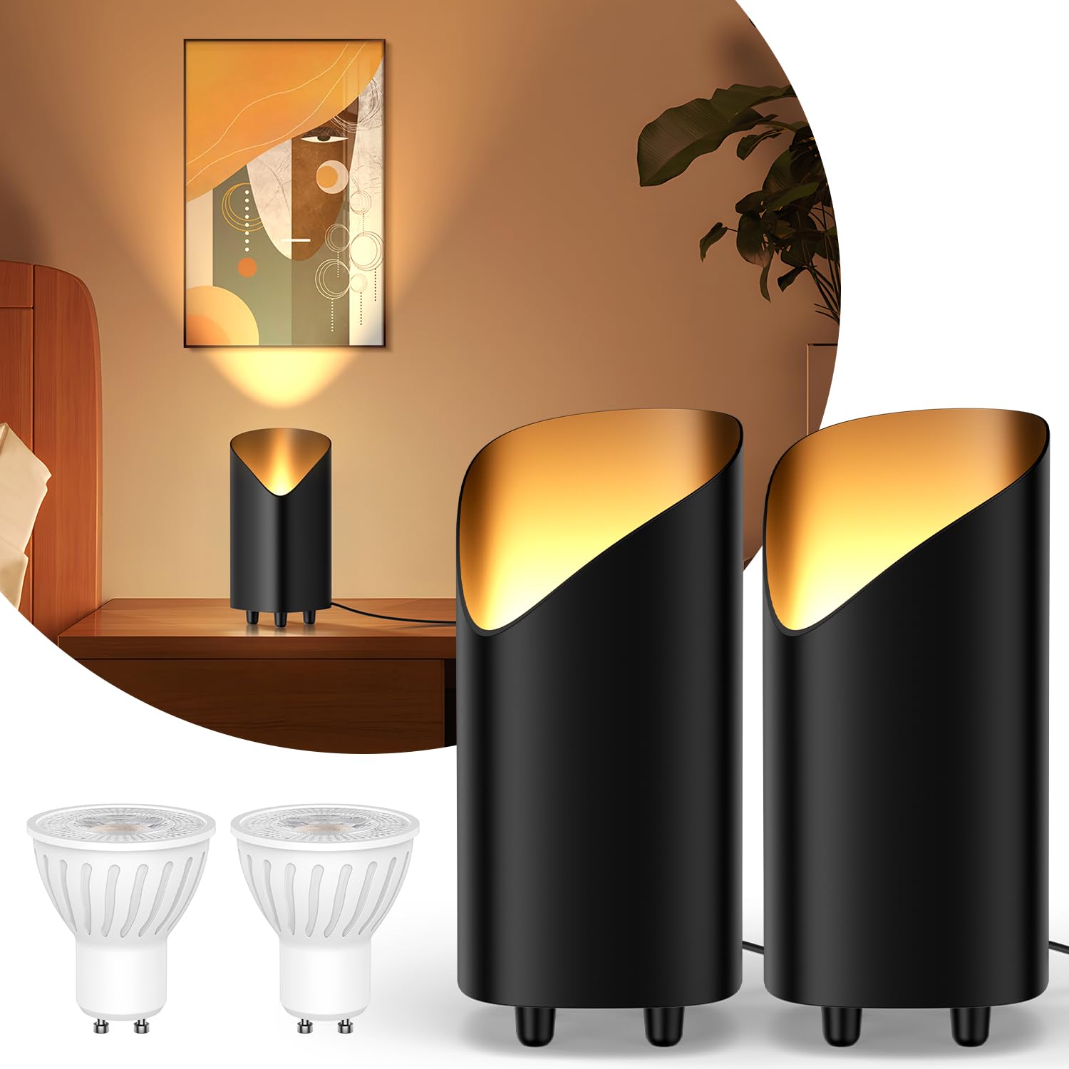 LED Uplight Spot 2 Stück, 7W Bodenstrahler, LED Bodenleuchte zur indirekten Beleuchtung, Standleuchte inklusive GU10 LED Lampe 500LM, Warmes Licht mit 3000 Kelvin, Schwarz