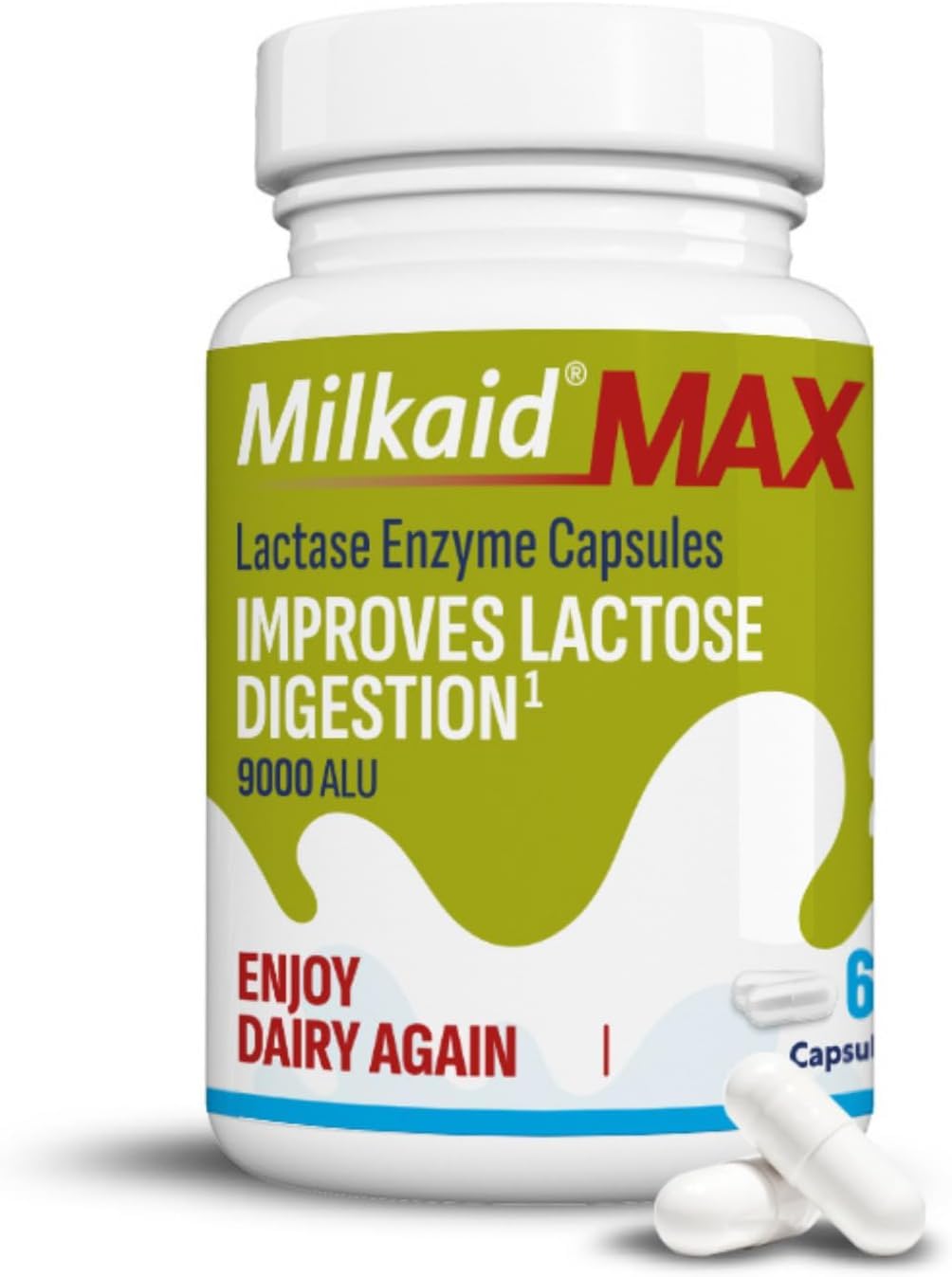 Milkaid Max Lactase Enzyme Capsule for Lactose Intolerance Relief | Prevents Wind, Bloating & Diarrhoea | Fast Acting Dairy Digestive Supplement | Gluten Free & Vegan | 60 Capsules