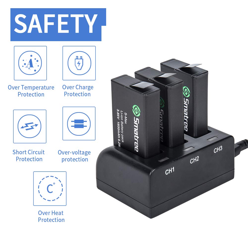 Smatree Batterie de Remplacement (Pack de 3) avec Chargeur à 3 canaux Compatible avec GoPro Hero Max