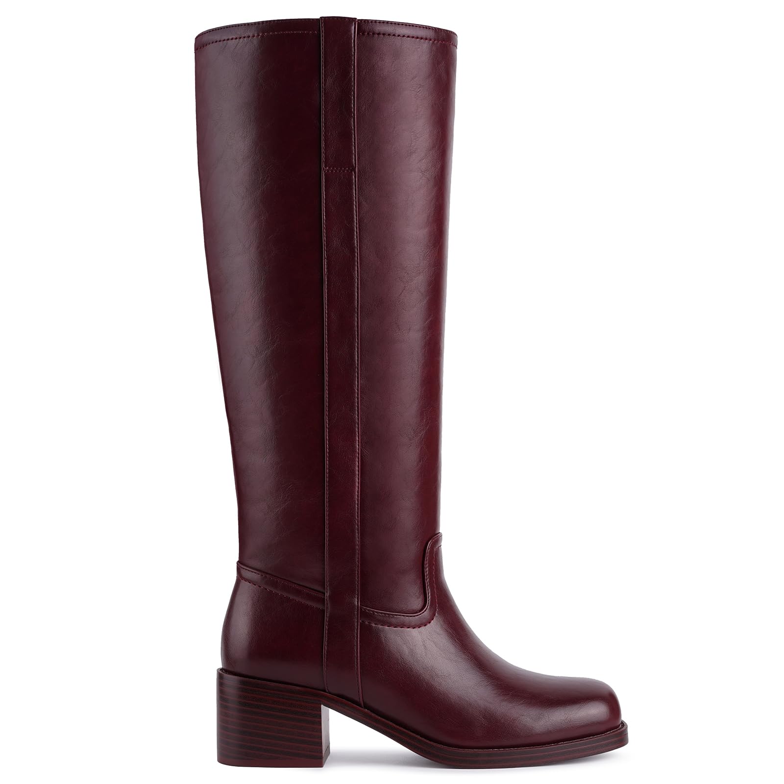 Womens Banana Knee High Boots Square Toe Chunky Block Heel Comfortable Low Heel Pull on Wide Calf Riding