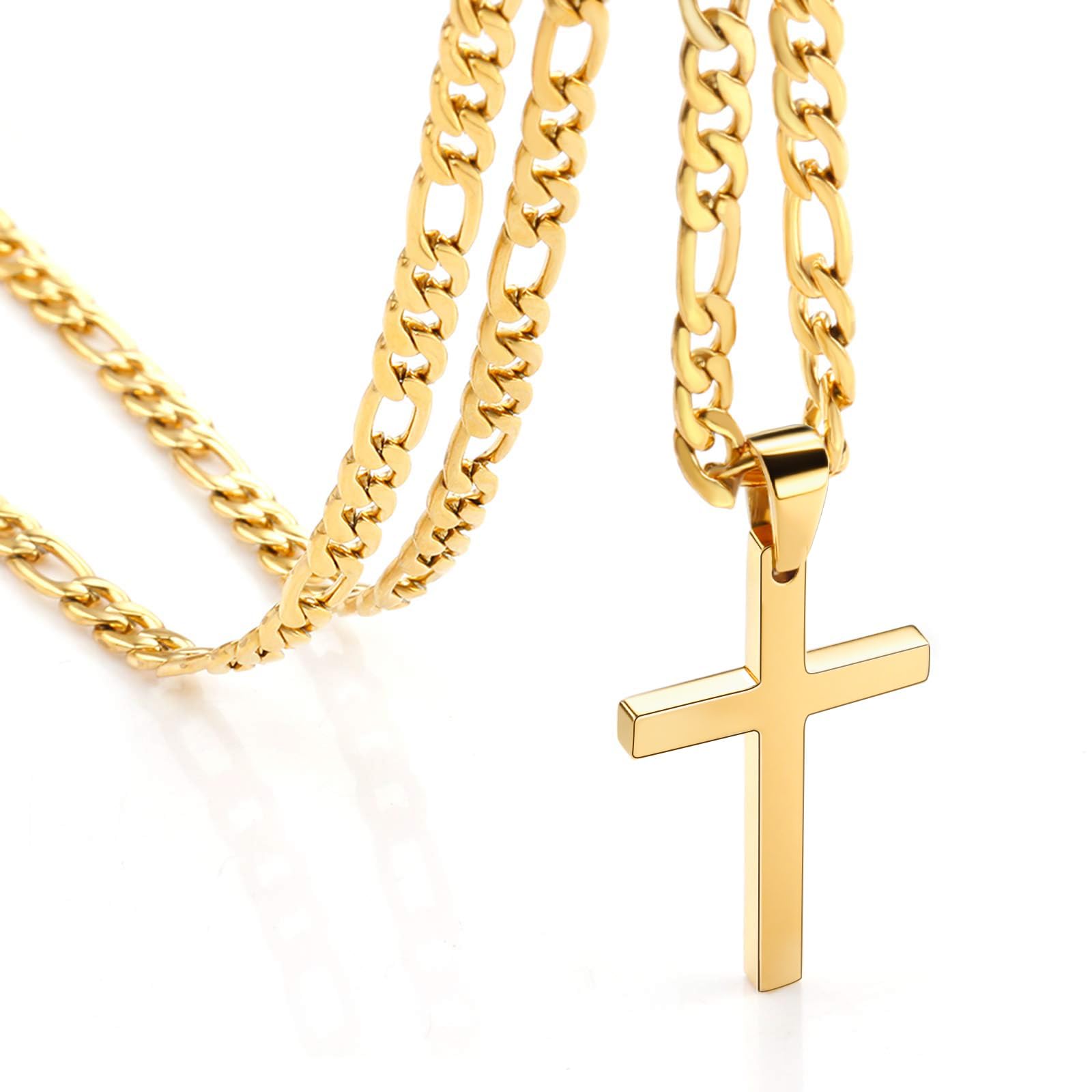 CaptainSteeL Cross Necklace for Men - Stainless Steel Silver/Gold Plain Cross Pendant Necklace Simple Jewelry Gifts, 20/22/24/26 Inches 3:1 Figaro