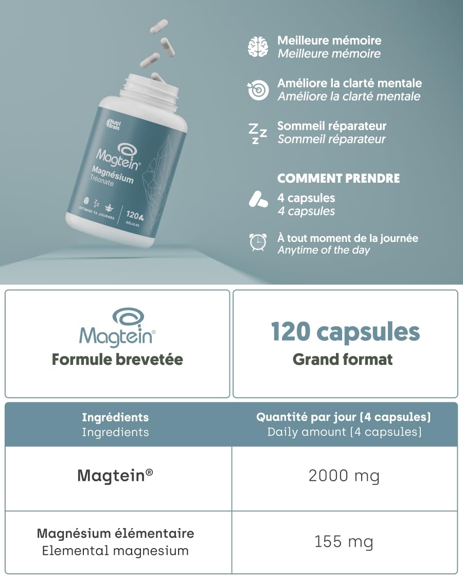 Magnésium L-Thréonate | Haute dose 2000 mg de Magtein® pur | Absorption optimale | 120 Gélules | Mémoire, Concentration, Sommeil profond