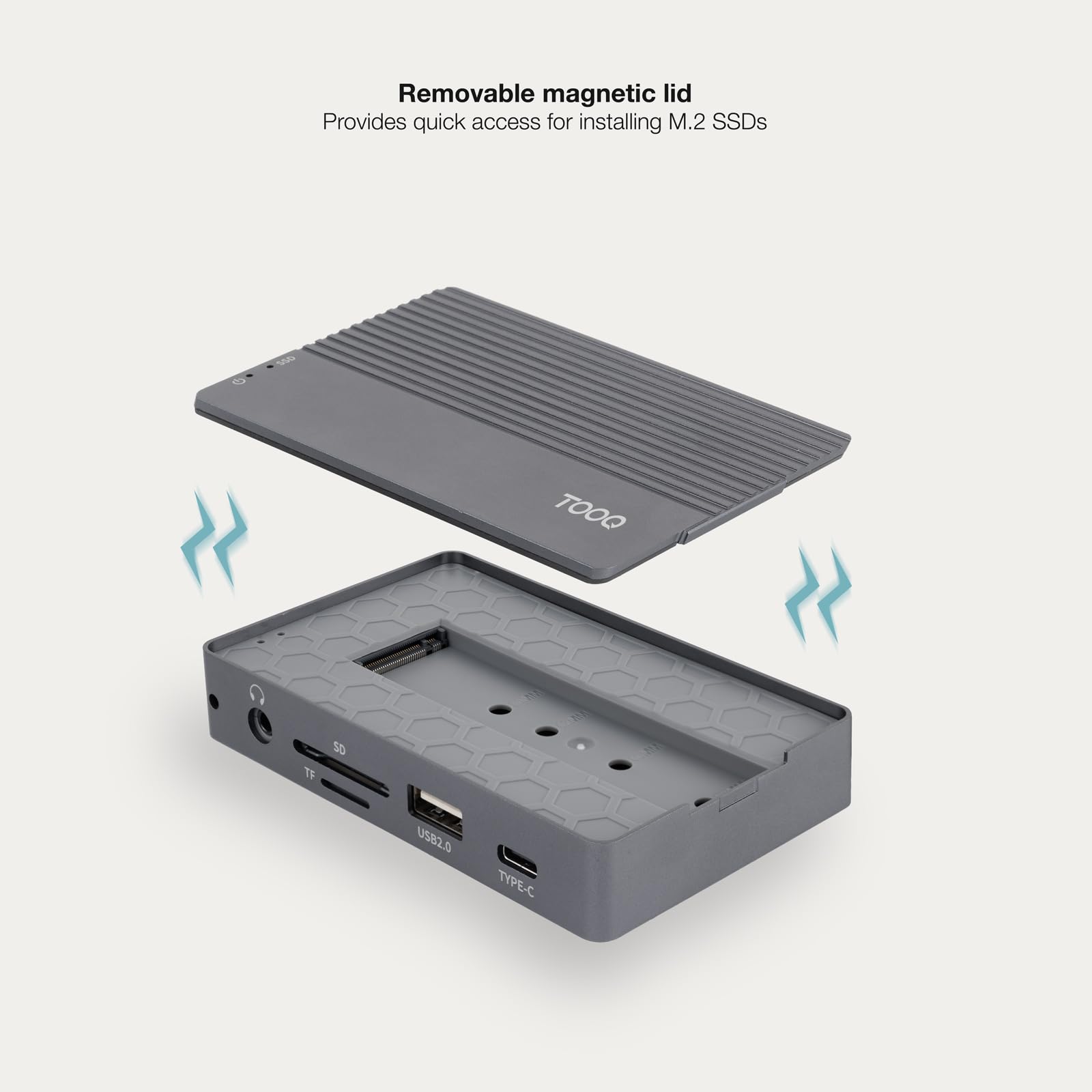 TOOQ TQE-2242G obudowa zewnętrzna do dysków SSD M.2 NVMe/SATA z koncentratorem 10 w 1, USB-C 3.2 Gen2, 2× USB-A 3.1 Gen2, USB-A 2.0, HDMI 2.0, RJ45 Gigabit, czytnikiem SD/TF, audio 3,5 mm i ładowaniem