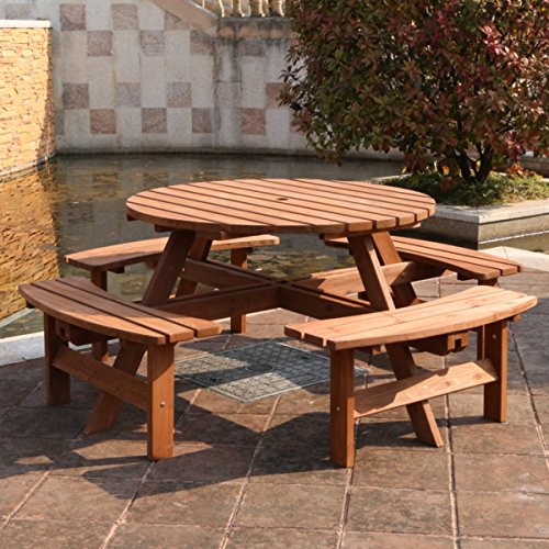 Ashwell Garden Wooden Picnic Bench - 8 Seater - Circular Brown Pub Bench - Indoor Outdoor Heavy Duty Timber