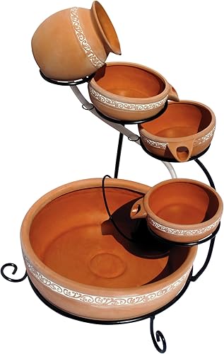 Koolscapes Fuente en cascada de 5 niveles con energía solar, macetas de arcilla de terracota, función de agua autónoma, fuente de bajo mantenimiento
