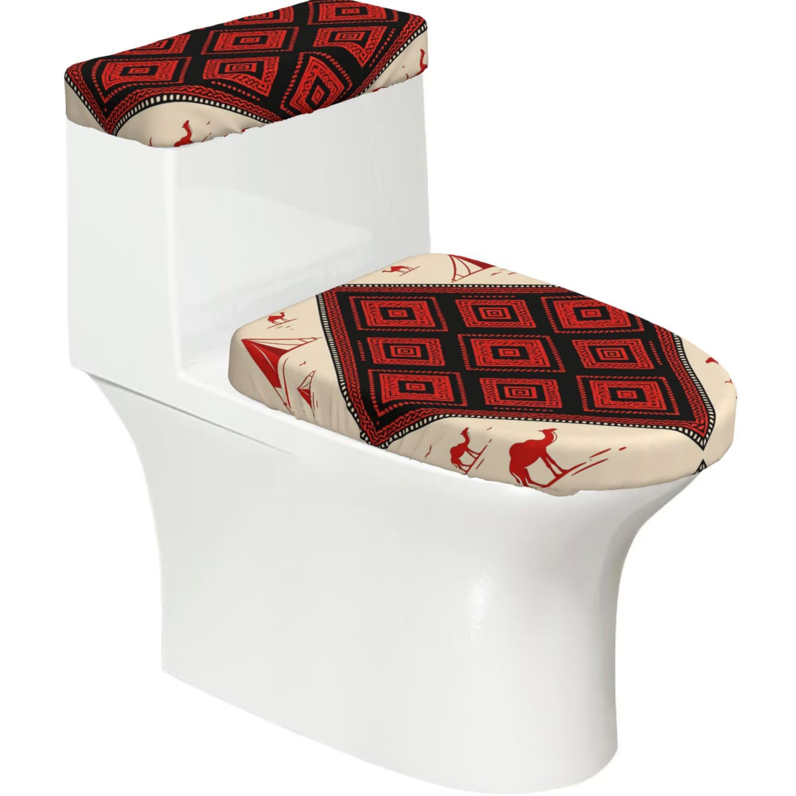Cntdbu Black Bedouin Weave Elastic Toilet Cover Set Of 2-Stretchy Lid And Tank Covers For Bathroom, Soft Washable U Shape Toilet Decor