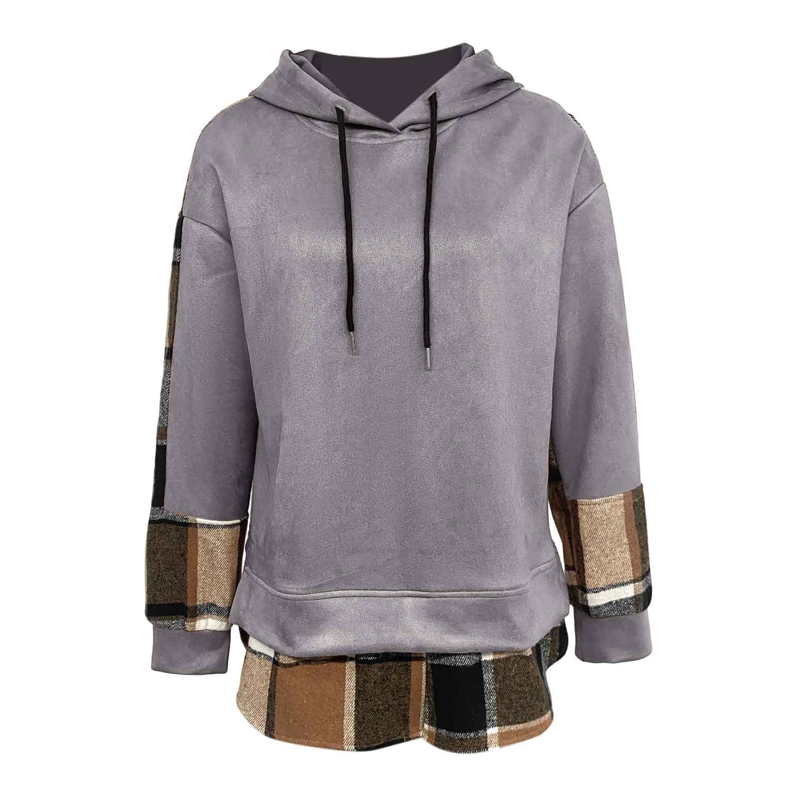 Sudadera con Capucha de Polar Estilo Retro británico de Patchwork a Cuadros de Manga Larga con diseño Falso de Dos Piezas para