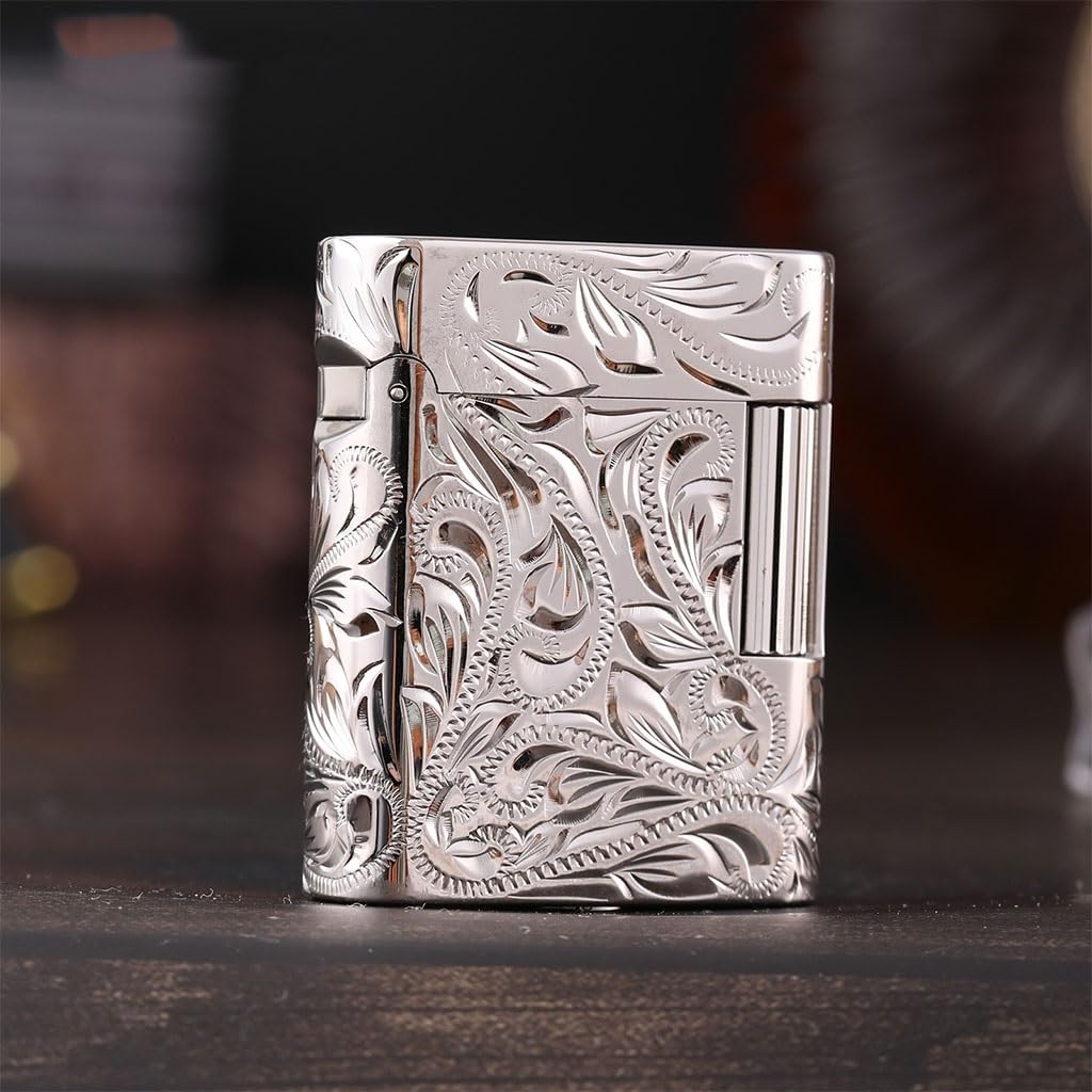 Classic Brass Windproof Gas Pocket Lighter Hand-Carved Rich Flower File Wheel Ignition Flip Cover Crisp Piano Tone Soft