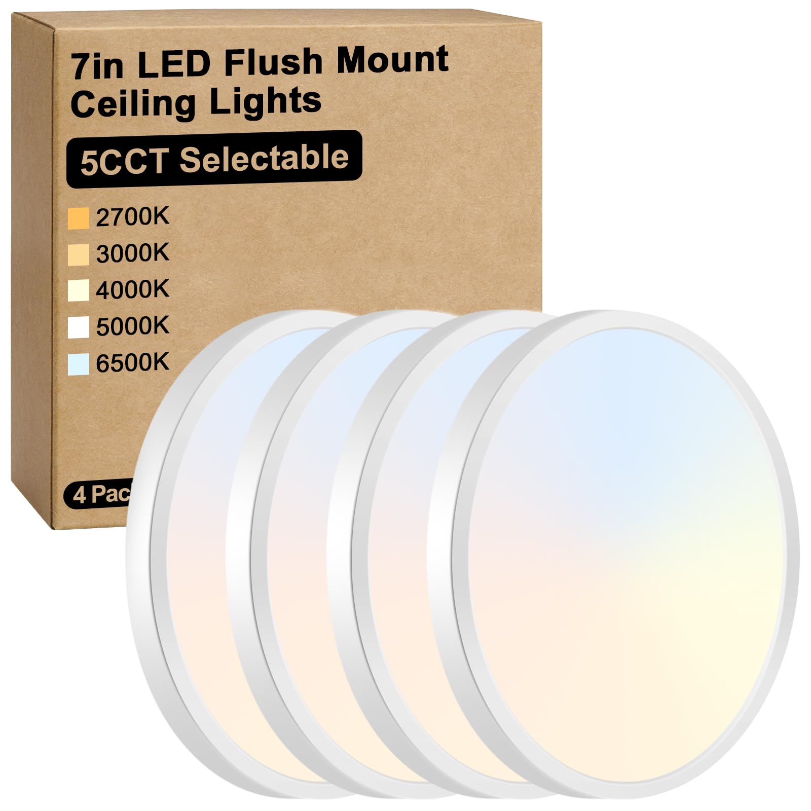 Brightever 7 Inch Flush Mount LED Ceiling Light Fixture, Dimmable, 1200LM | 12W 5CCT 2700K/3000K/4000K/5000K/6500K, 0.67" Ultra Thin Low Profile Ceiling Lamp for Porch, Laundry, Closet, White 4Pack